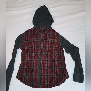 Harley Davidson Plaid Hooded Shirt with Gray Sleeves